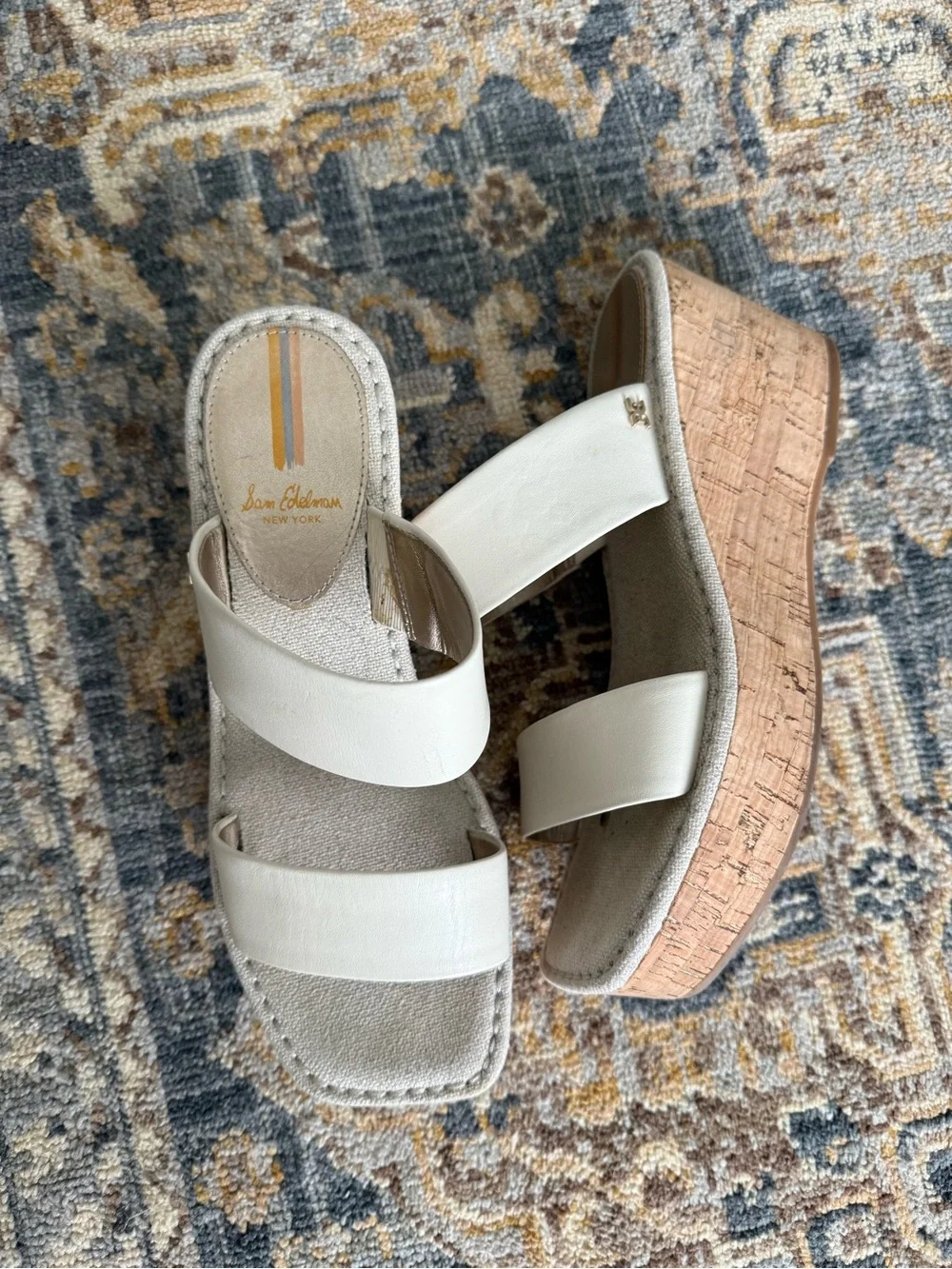 Sam Edelman White Double-Strap Cork Wedge Slide Sandals